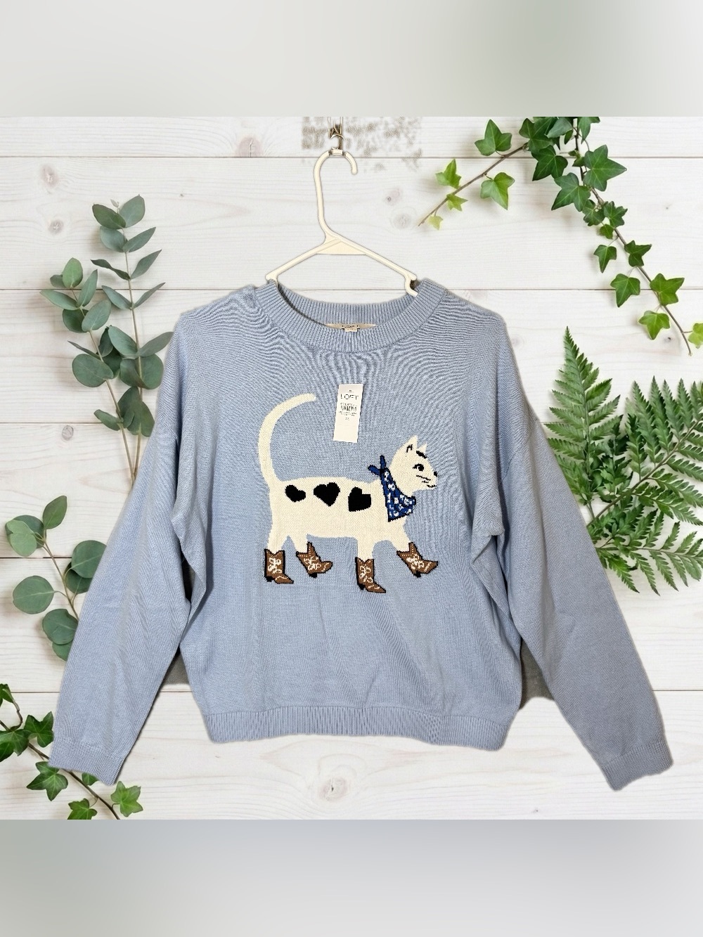 NWT LOFT Graphic Sweater XS Light Blue Cat Cowboy Boots Novelty Crewneck Cotton
